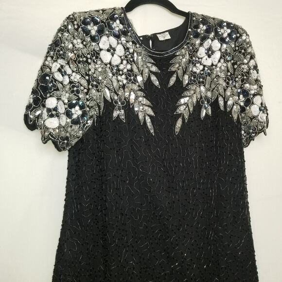 Holiday Party-Night Vogue Formal Black Silk Beaded Sequin Dress Knee Length Sz M - Picture 2 of 13